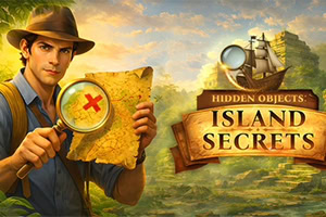 Dobrodruh s klobúkom drží starú mapu a lupu vedľa drevenej tabule s nápisom Island Secrets v tropickej krajine