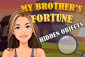 Žena s dlhými hnedými vlasmi stojí pred budovami s textom My Brothers Fortune - Hidden Objects