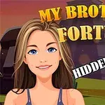 Žena s dlhými hnedými vlasmi stojí pred budovami s textom My Brothers Fortune - Hidden Objects