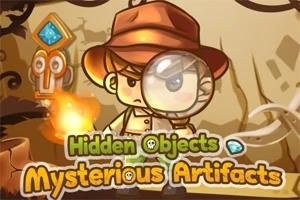 Animovaná postava v klobúku drží lupou v ruke, obklopená symbolmi a nápismi Hidden Objects a Mysterious Artifacts