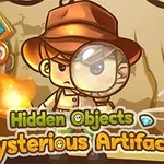 Animovaná postava v klobúku drží lupou v ruke, obklopená symbolmi a nápismi Hidden Objects a Mysterious Artifacts