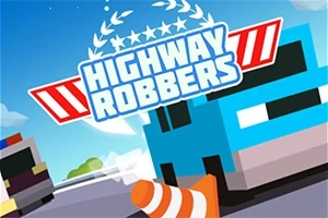 Modrý kreslený automobil s dopravným kužeľom a nápisom „Highway Robbers“ na oblohe