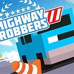 Modrý kreslený automobil s dopravným kužeľom a nápisom „Highway Robbers“ na oblohe