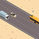 Na obrázku je cesta cez púšť s nákladným autom, osobným autom a žltým autobusom