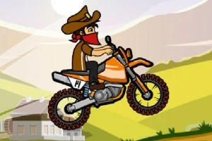 Kreslený kovboj na oranžovej motorke jazdiaci cez vidiecky kraj s kopcovitou krajinou v pozadí