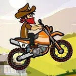 Kreslený kovboj na oranžovej motorke jazdiaci cez vidiecky kraj s kopcovitou krajinou v pozadí