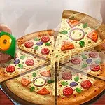 Kreslený hroch v kuchárskej uniforme vedľa pizze rozdelenej na plátky s rôznymi ingredienciami