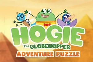 Tri veselé kreslené postavičky s nápisom Hogie The Globehopper Adventure Puzzle na farebnom pozadí pyramíd
