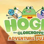 Tri veselé kreslené postavičky s nápisom Hogie The Globehopper Adventure Puzzle na farebnom pozadí pyramíd