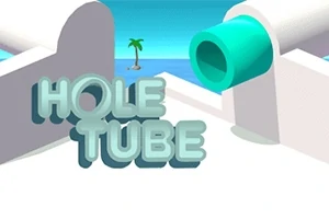 Nápis HOLE TUBE s modrým potrubím a palmou na pozadí