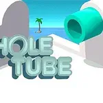Nápis HOLE TUBE s modrým potrubím a palmou na pozadí