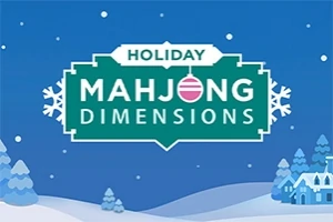 Nápis Holiday Mahjong Dimensions na modrom pozadí s vločkami a zimnou krajinou