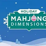 Nápis Holiday Mahjong Dimensions na modrom pozadí s vločkami a zimnou krajinou