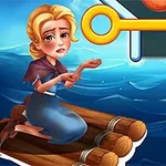 Žena sediaca na plte na mori s vystrašeným výrazom a veľkým zlatým kľúčom nad ňou