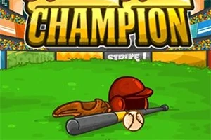 Baseballová prilba, rukavica, loptička a pálka na zelenom ihrisku s nápisom Champion hore