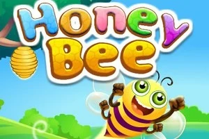 Farebný nápis Honey Bee s kreslenou usmievavou včielkou a úľom na modro-zelenej pozadí