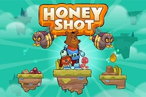 Medveď v skafandri stojí na plošine so zbraňou obklopený dvoma včelami a kvapkajúcim medom, s nápisom HONEY SHOT nad ním