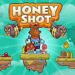 Medveď v skafandri stojí na plošine so zbraňou obklopený dvoma včelami a kvapkajúcim medom, s nápisom HONEY SHOT nad ním