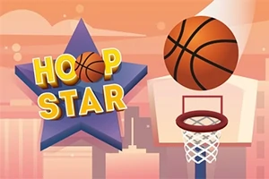 Basketbalová lopta nad obručou a fialová hviezda s nápisom Hoop Star na oranžovom pozadí