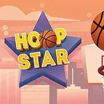 Basketbalová lopta nad obručou a fialová hviezda s nápisom Hoop Star na oranžovom pozadí