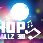 Biely nápis Hop Ballz 3D s hudobnými notami na farebnom, žiarivom pozadí