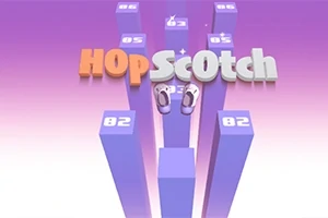 Fialové stĺpiky s číslami a názvom HopScotch nad nimi a dvomi teniskami uprostred