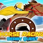 Žokej v žltom oblečení jazdí na hnedom koni s modrou oblohou v pozadí a nápisom Horse Racing Derby Quest v popredí