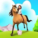 Dievča jazdí na hnedom koni v kreslenom prostredí s kopcami, oblohami a stromami v pozadí