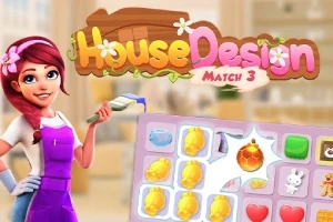 Žena v fialovej zástere drží štetec vedľa hracej plochy s farebnými symbolmi a názvom House Design Match 3
