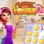 Žena v fialovej zástere drží štetec vedľa hracej plochy s farebnými symbolmi a názvom House Design Match 3