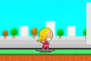 Kreslená postava na skateboarde s modrou oblohou a stromami v pozadí