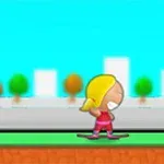 Kreslená postava na skateboarde s modrou oblohou a stromami v pozadí