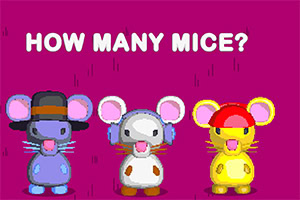 Tri farebné kreslené myši s doplnkami na hlave na fialovom pozadí s textom HOW MANY MICE?