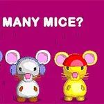 Tri farebné kreslené myši s doplnkami na hlave na fialovom pozadí s textom HOW MANY MICE?