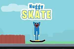 Modrá postavička so širokým úsmevom stojí na skateboarde na pozadí mestského prostredia so zelenou trávou a červeným plotom, pod textom Huggy Skate