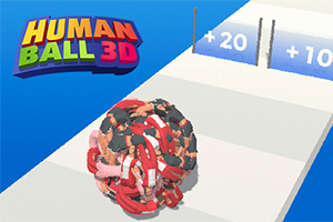 Guľa zložená z viacerých prepletených ľudských postáv na šachovnicovej dráhe s modrým pozadím a farebným nápisom Human Ball 3D