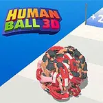 Guľa zložená z viacerých prepletených ľudských postáv na šachovnicovej dráhe s modrým pozadím a farebným nápisom Human Ball 3D