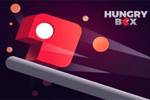 Červená kocka s bielym kruhom letí cez fialové pozadie s nápisom Hungry Box v rohu
