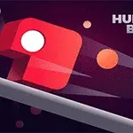 Červená kocka s bielym kruhom letí cez fialové pozadie s nápisom Hungry Box v rohu