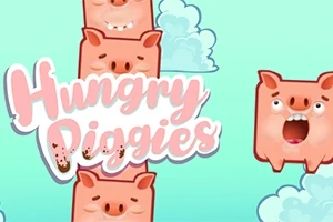 Ružové kreslené prasiatka na modrom pozadí s oblakmi a textom Hungry Piggies