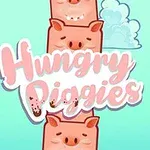 Ružové kreslené prasiatka na modrom pozadí s oblakmi a textom Hungry Piggies