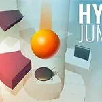 Oranžová guľa plávajúca medzi rôznymi objektmi v trojrozmernom priestore s textom HYPER JUMP 3D
