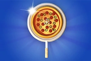 Pizza zobrazená na modrom pozadí vo vnútri lupy