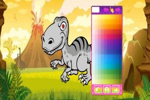 Kreslený dinosaurus s výberom farieb na pozadí so sopkou a skalami