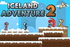 Dve kreslené postavy v zimnej krajine s tučniakom a vtákom, nadpis Iceland Adventure 2