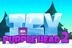 Ľadové bloky s vytesaným nápisom a fialová kocka s tvárou v zimnom lese
