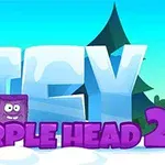 Ľadové bloky s vytesaným nápisom a fialová kocka s tvárou v zimnom lese