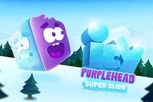 Farebná kocka s tvárou sa vznáša nad zimnou krajinou s názvom Icy Purplehead Super Slide v modrom písme