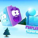 Farebná kocka s tvárou sa vznáša nad zimnou krajinou s názvom Icy Purplehead Super Slide v modrom písme