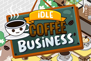 Ilustrácia so šálkou kávy a nápisom IDLE COFFEE BUSINESS na tabuli v kaviarenskom prostredí